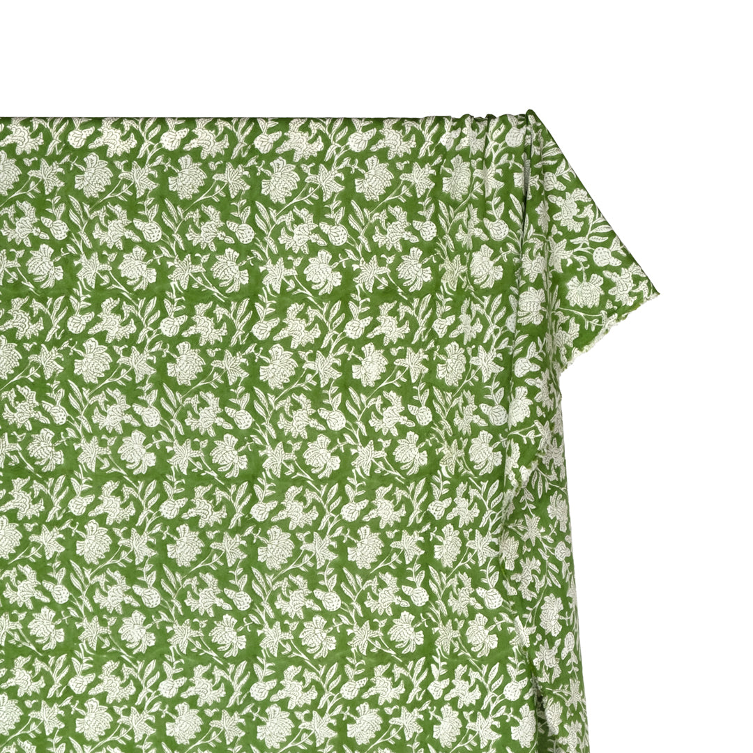 Vine Block Printed Organic Cotton Batiste - Grass/White | Blackbird Fabrics