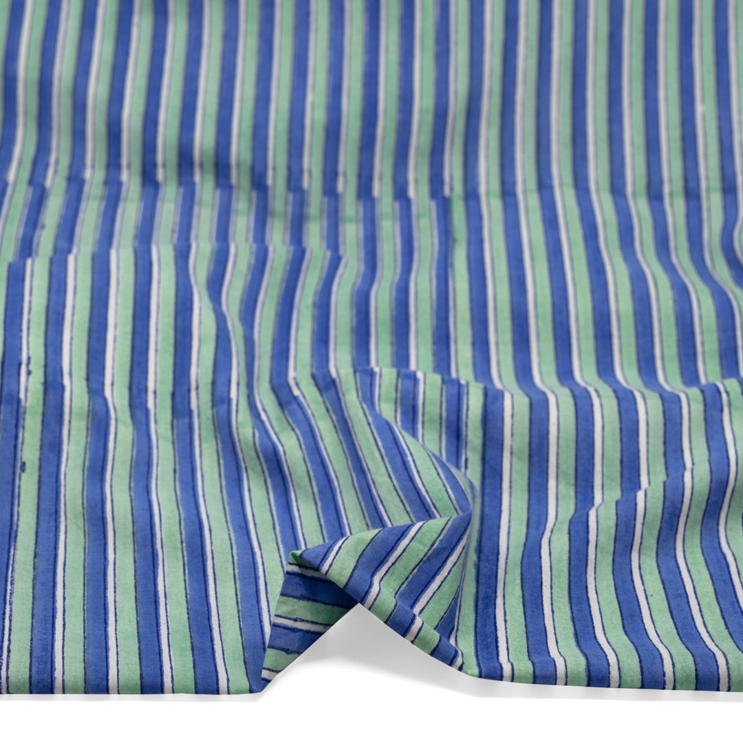 Wide Stripe Block Printed Organic Cotton Batiste - Celadon/Pacific | Blackbird Fabrics