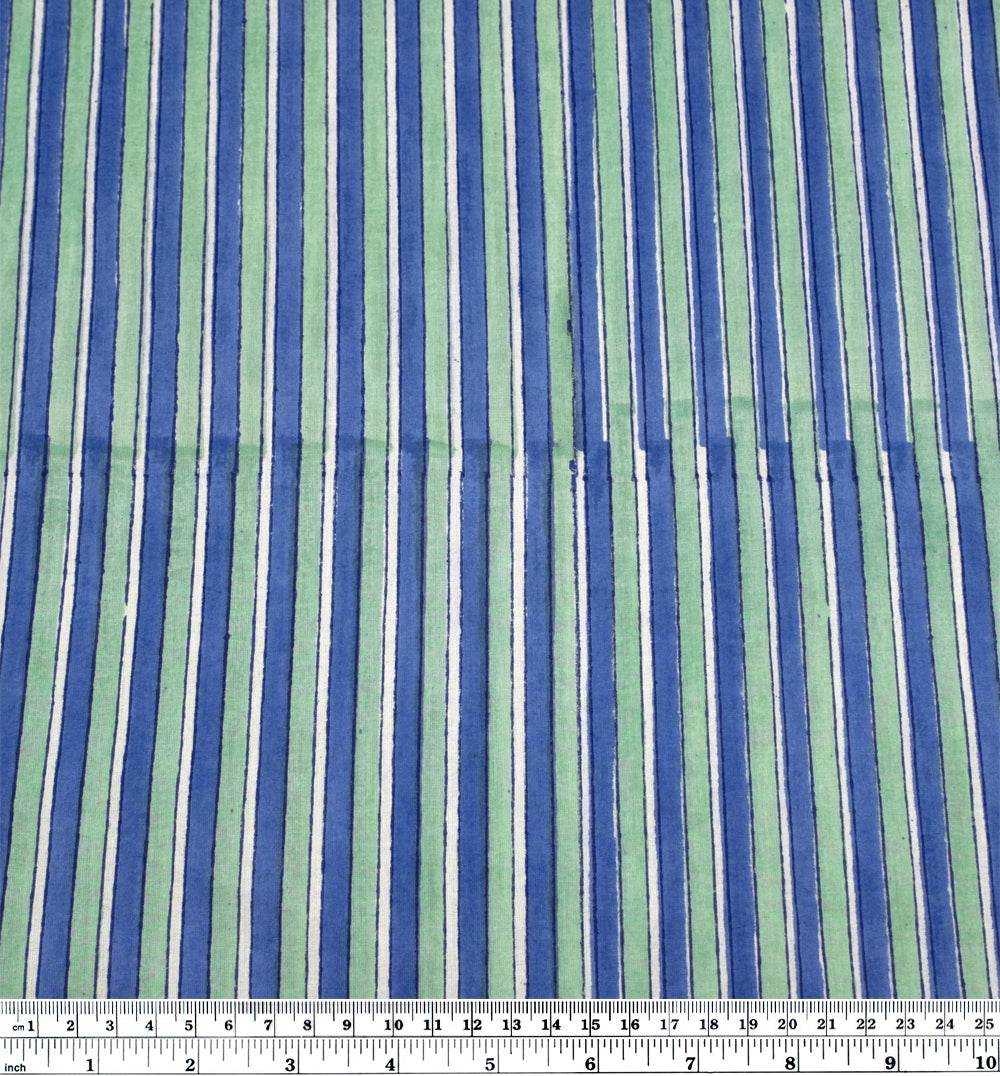 Wide Stripe Block Printed Organic Cotton Batiste - Celadon/Pacific | Blackbird Fabrics