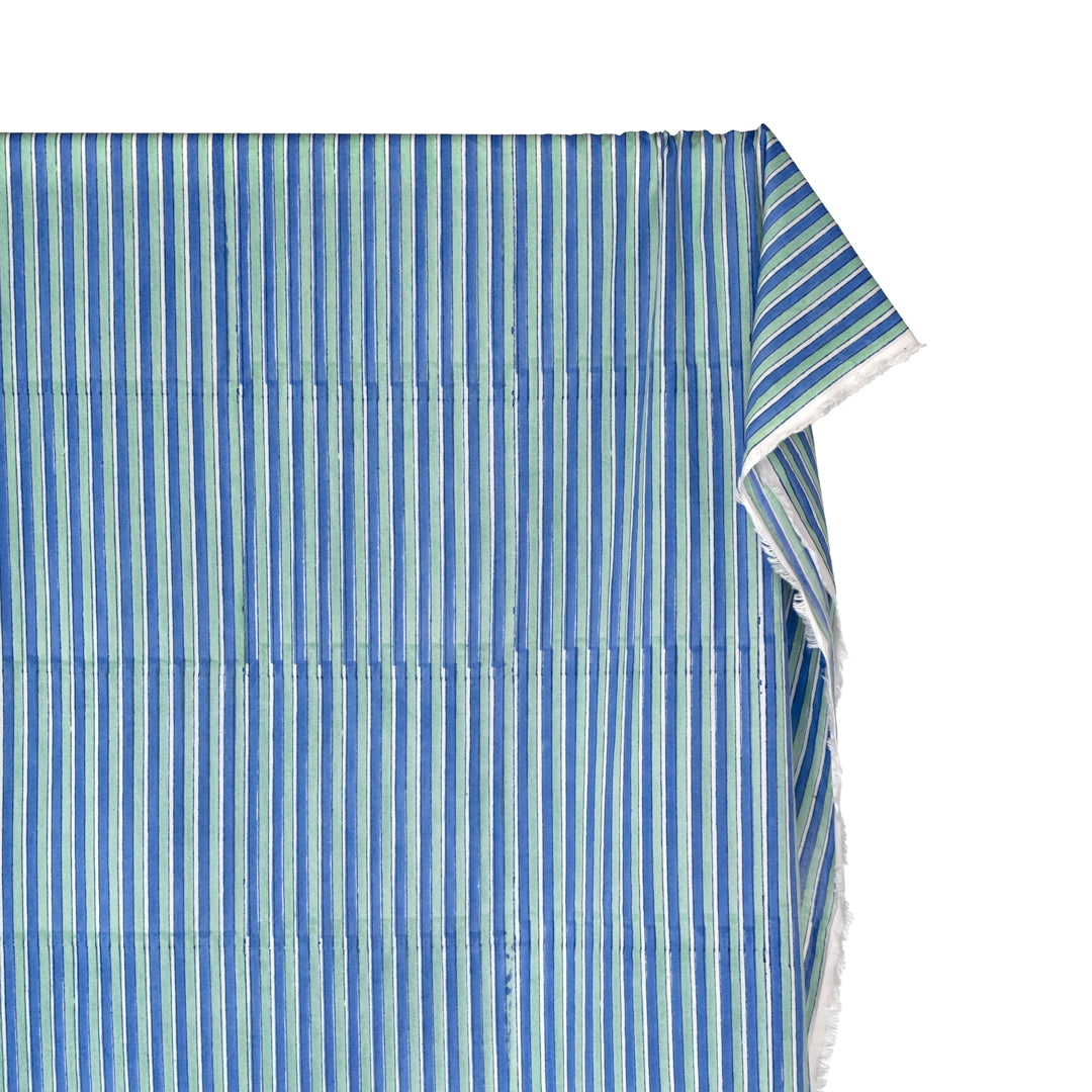 Wide Stripe Block Printed Organic Cotton Batiste - Celadon/Pacific | Blackbird Fabrics
