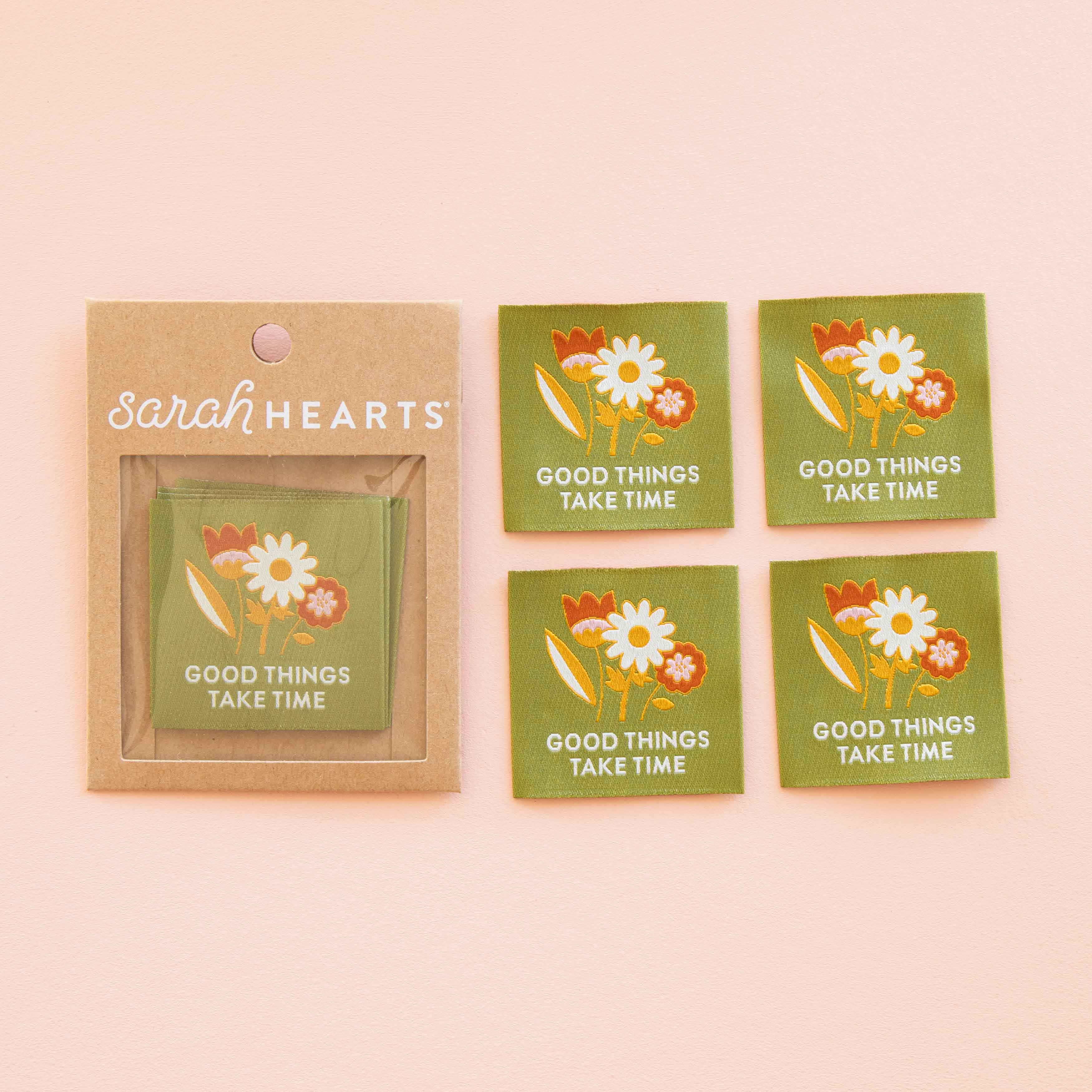 GOOD THINGS TAKE TIME Large Woven Labels By Sarah Hearts | Blackbird Fabrics