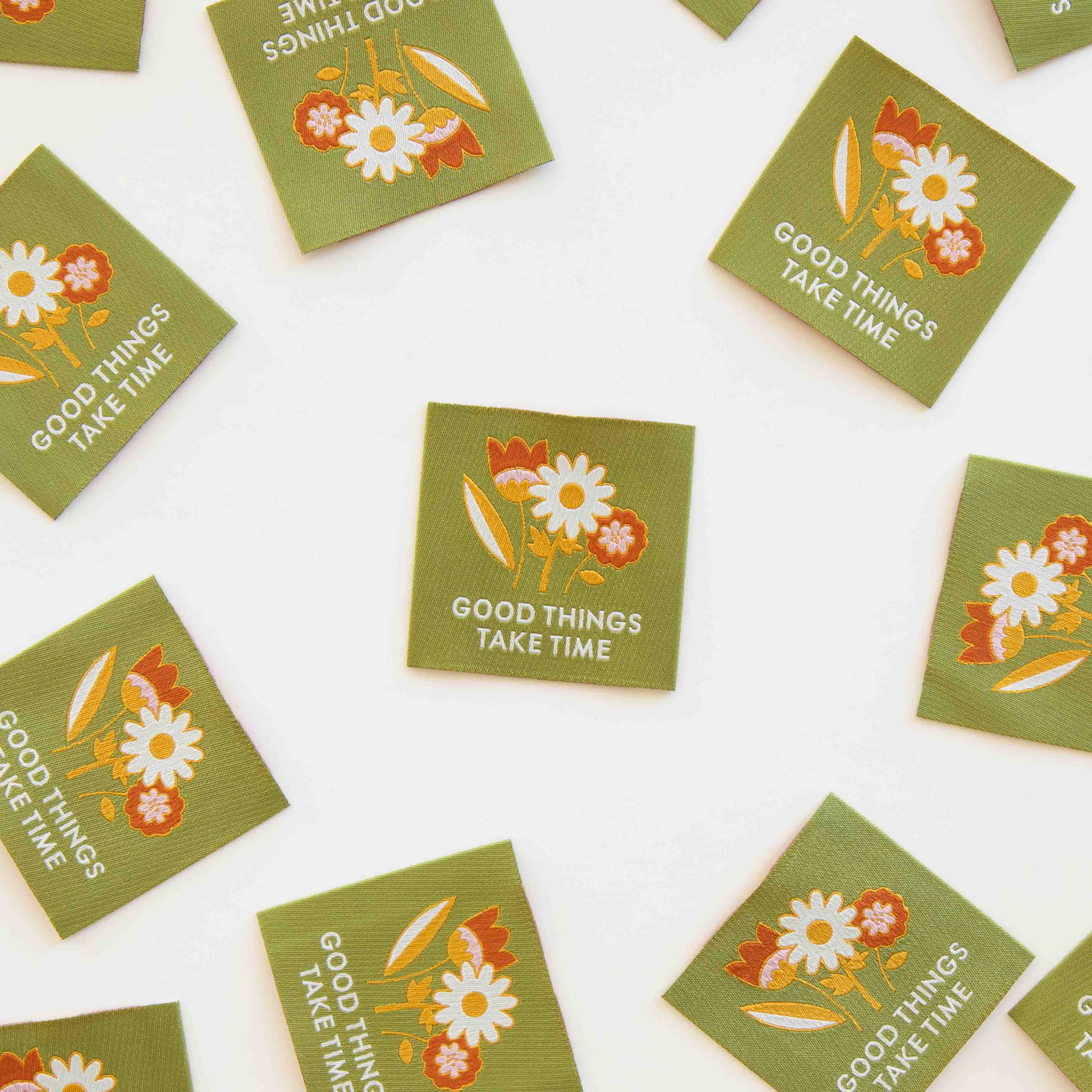 GOOD THINGS TAKE TIME Large Woven Labels By Sarah Hearts | Blackbird Fabrics