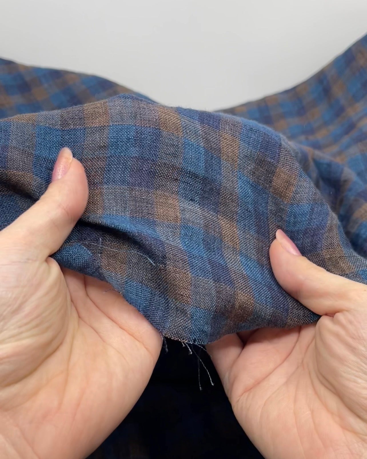 Medley Check Lightweight Stonewashed Linen - Ocean/Denim/Mink | Blackbird Fabrics