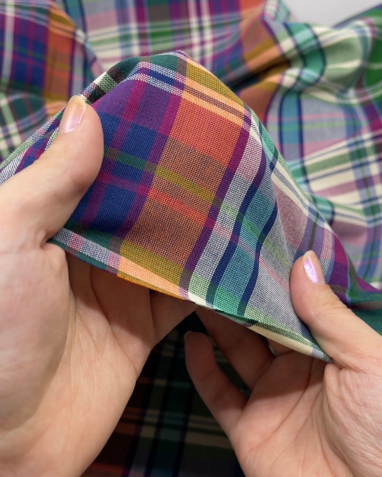 Mystic Plaid Cotton Shirting - Denim/Sherbert/Grass | Blackbird Fabrics