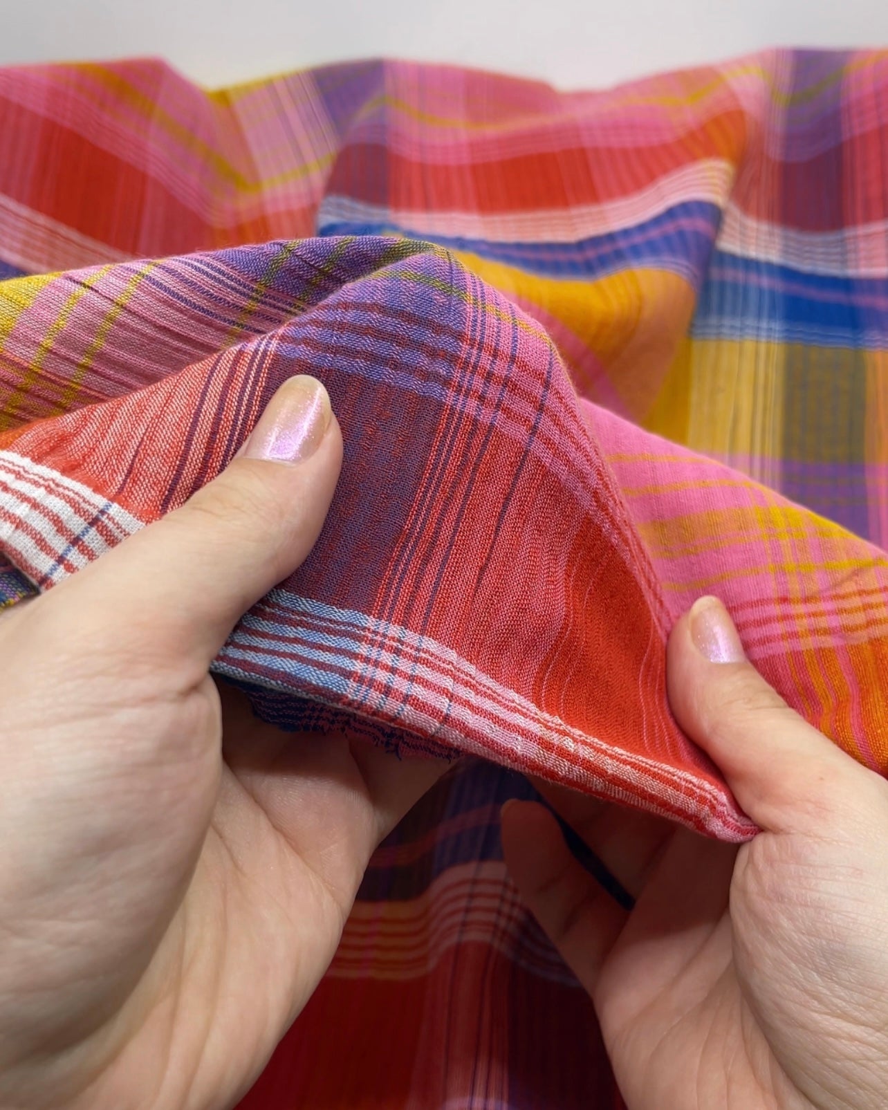 Tutti Frutti Plaid Crinkle Cotton Gauze - Taffy/Lapis/Multi | Blackbird Fabrics