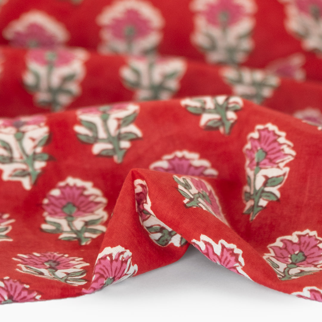 Bloom Block Printed Organic Cotton Batiste - Crimson/Pink