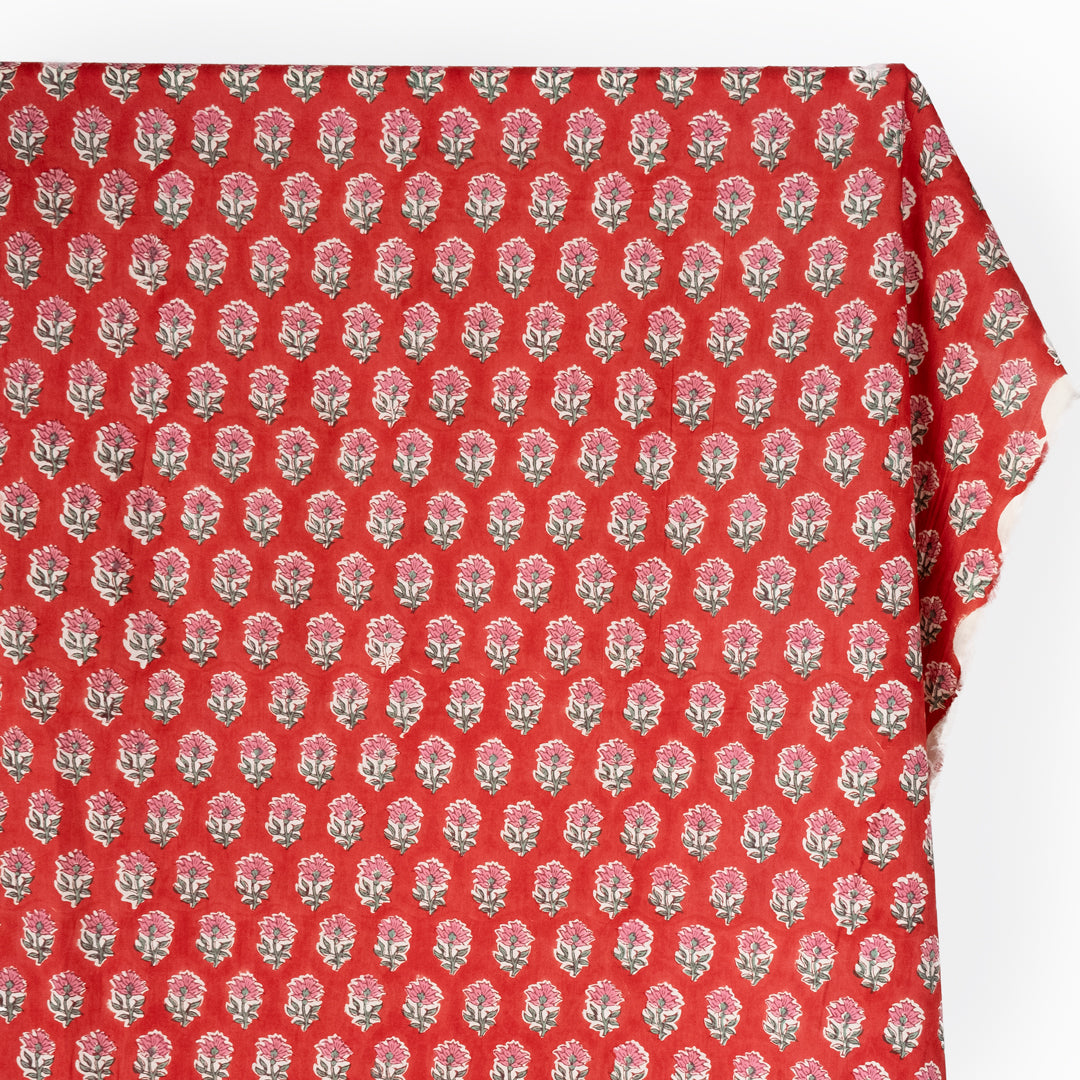 Bloom Block Printed Organic Cotton Batiste - Crimson/Pink