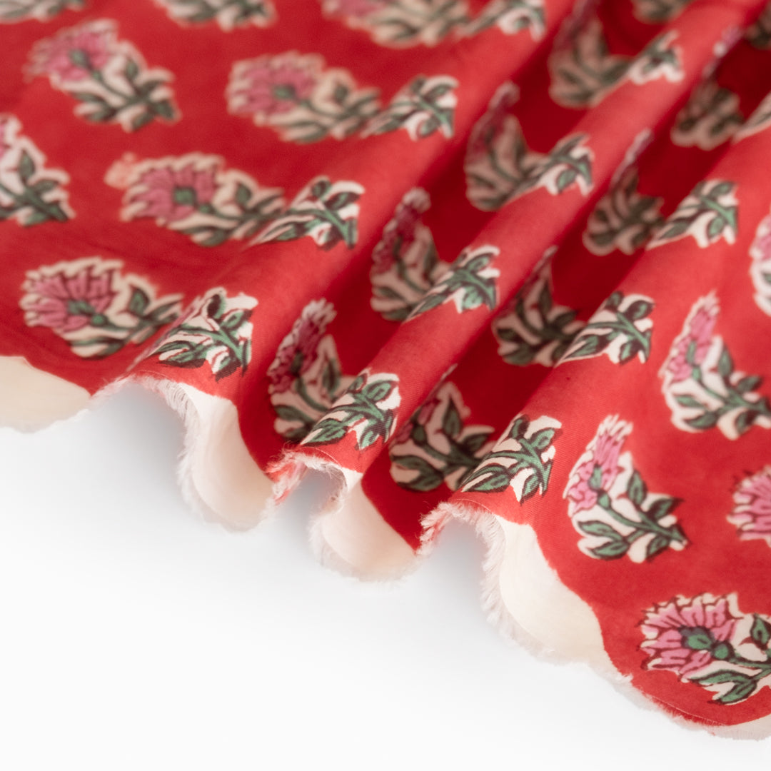 Bloom Block Printed Organic Cotton Batiste - Crimson/Pink