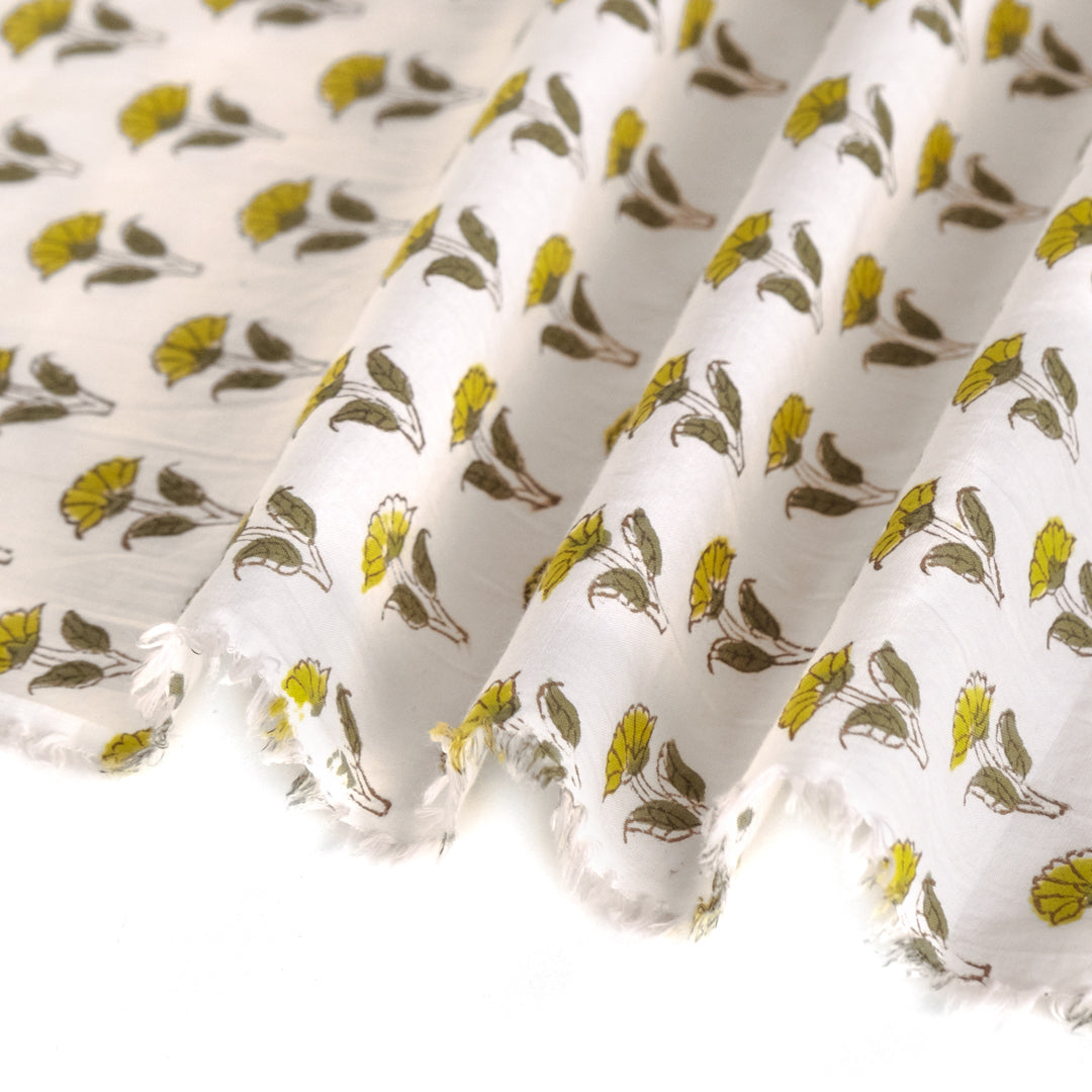 Bloom Block Printed Organic Cotton Batiste - White/Chartreuse