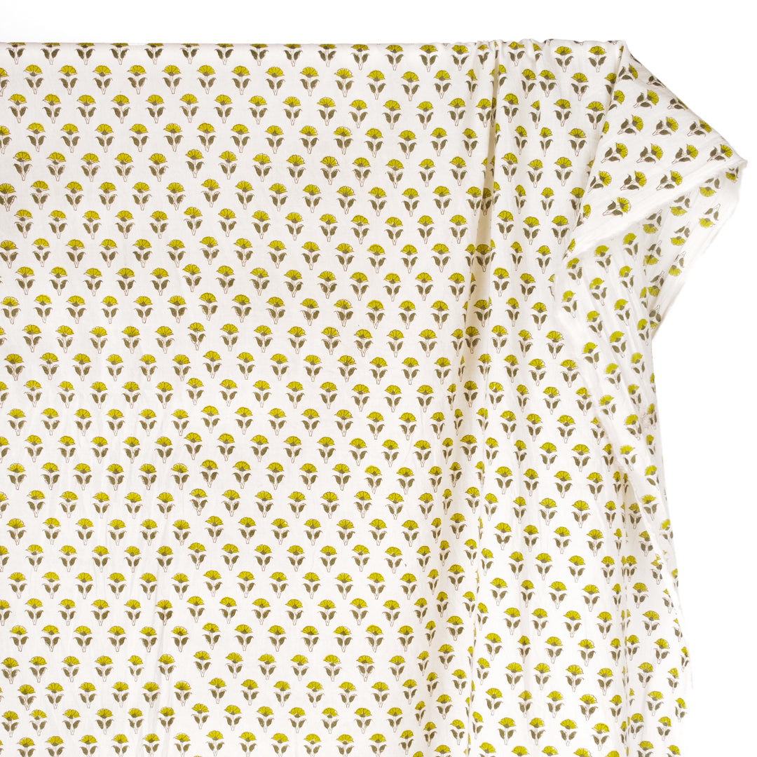 Bloom Block Printed Organic Cotton Batiste - White/Chartreuse