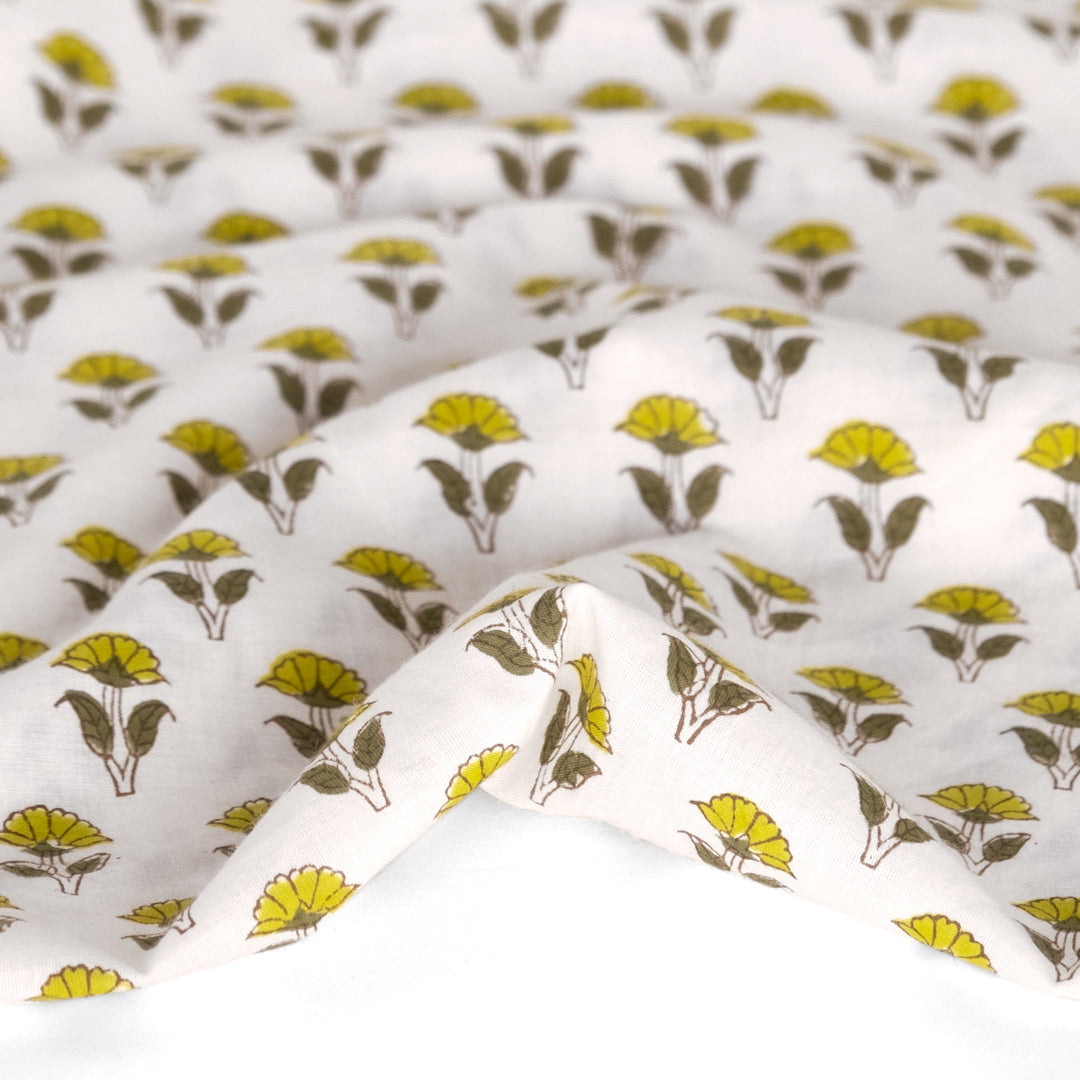 Bloom Block Printed Organic Cotton Batiste - White/Chartreuse
