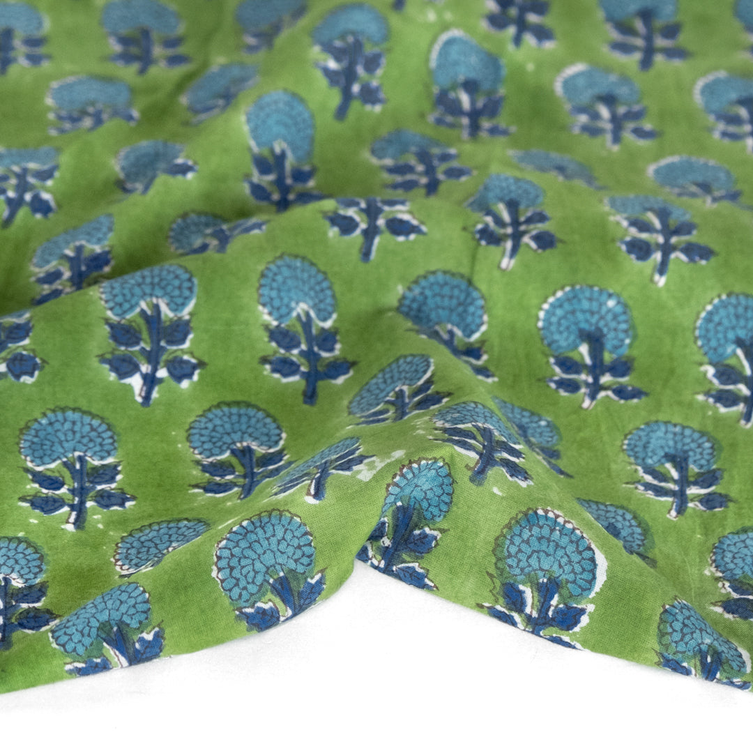 Bloom Block Printed Organic Cotton Batiste - Grass/Aqua | Blackbird Fabrics