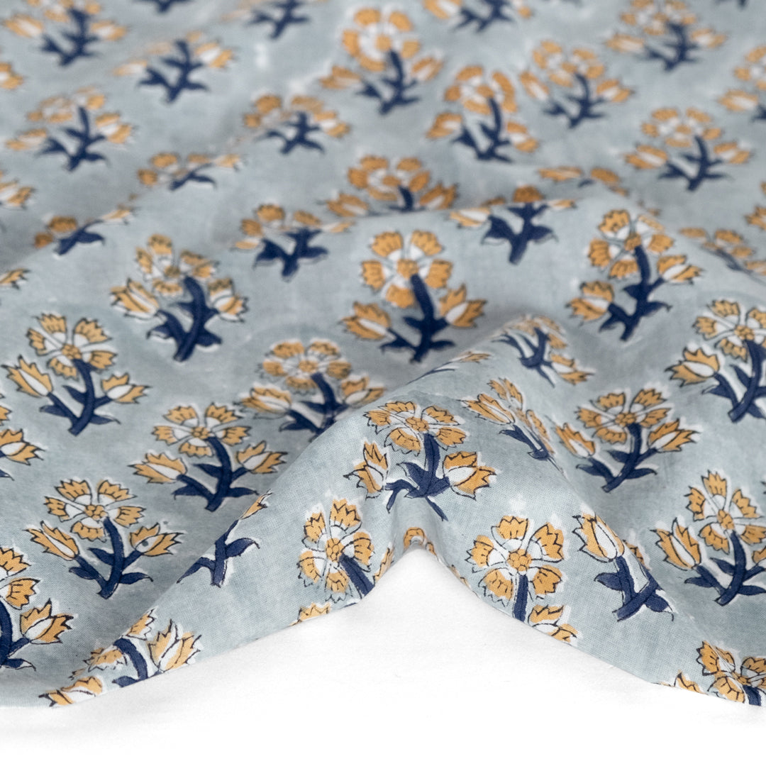 Bloom Block Printed Organic Cotton Batiste - Seaglass/Wheat