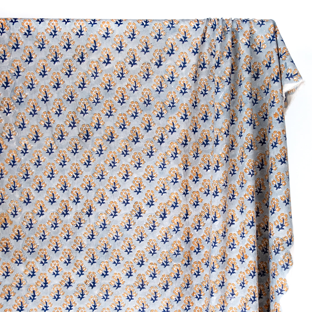 Bloom Block Printed Organic Cotton Batiste - Seaglass/Wheat