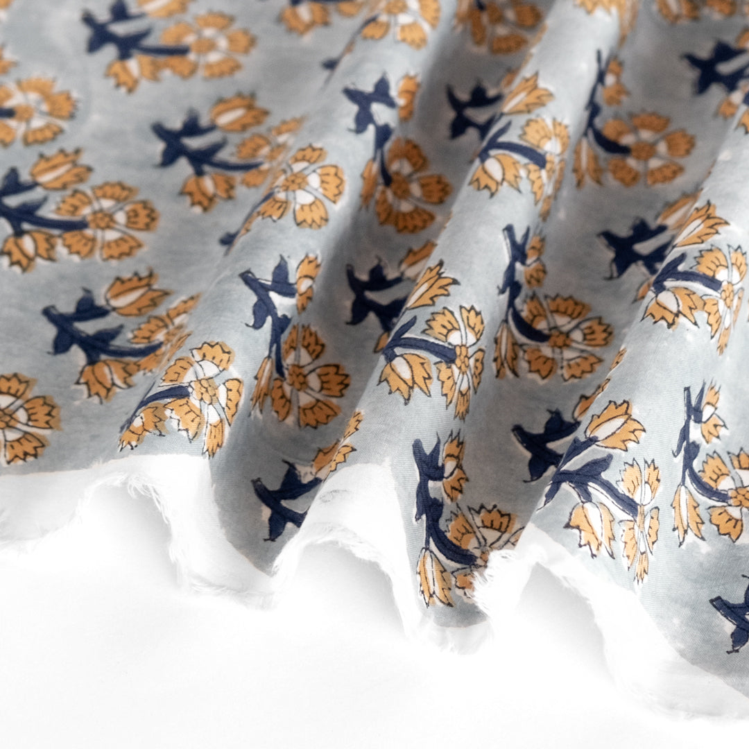 Bloom Block Printed Organic Cotton Batiste - Seaglass/Wheat