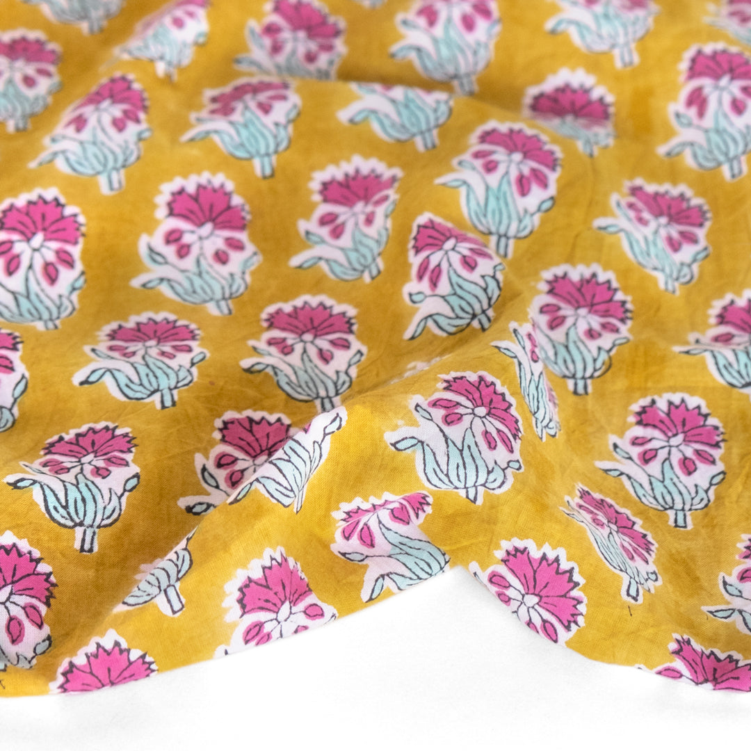 Bloom Block Printed Organic Cotton Batiste - Vintage Gold/Fuschia