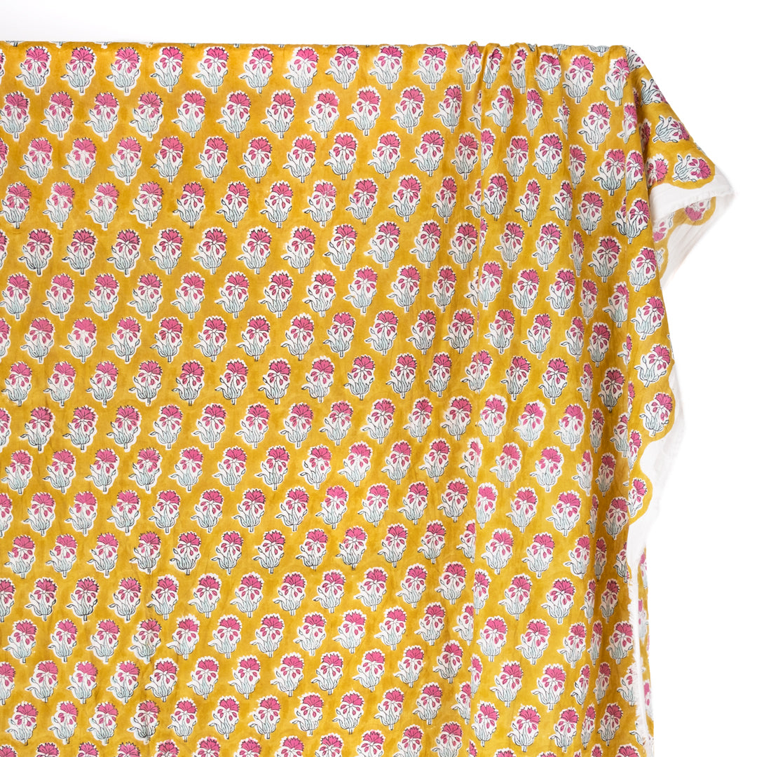 Bloom Block Printed Organic Cotton Batiste - Vintage Gold/Fuschia