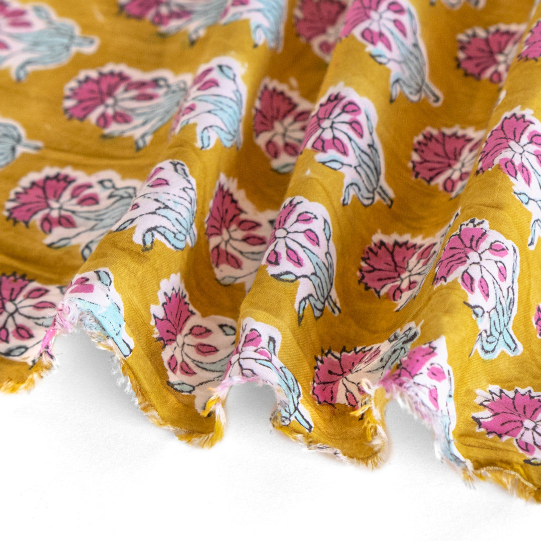 Bloom Block Printed Organic Cotton Batiste - Vintage Gold/Fuschia