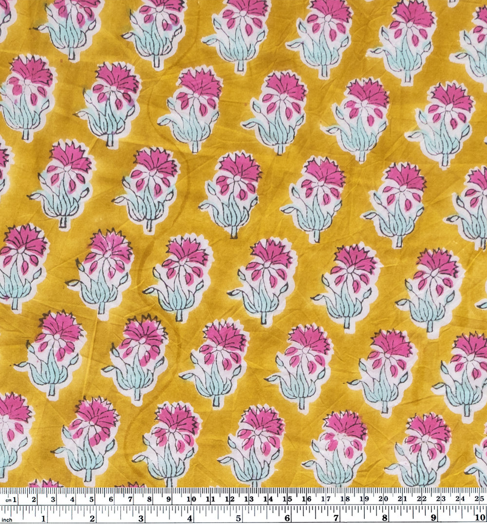 Bloom Block Printed Organic Cotton Batiste - Vintage Gold/Fuschia