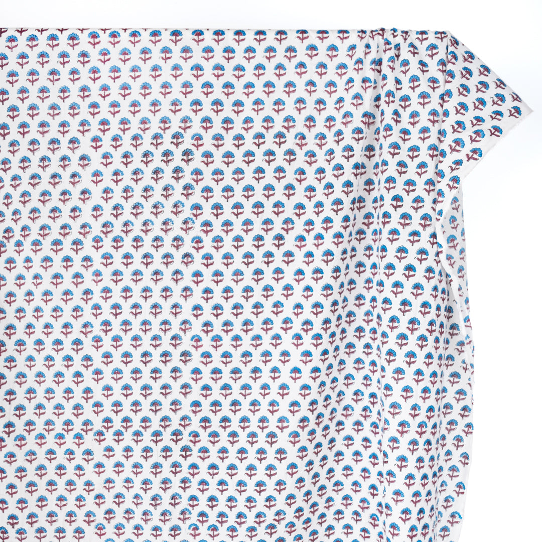 Bloom Block Printed Organic Cotton Batiste - White/Ocean | Blackbird Fabrics