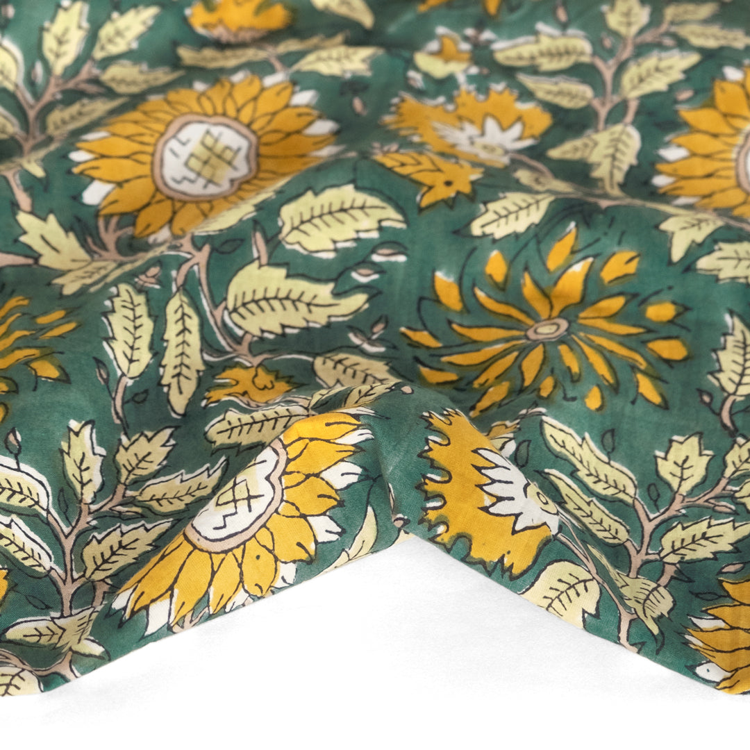 Tapestry Block Printed Organic Cotton Batiste - Spruce/Sunflower | Blackbird Fabrics