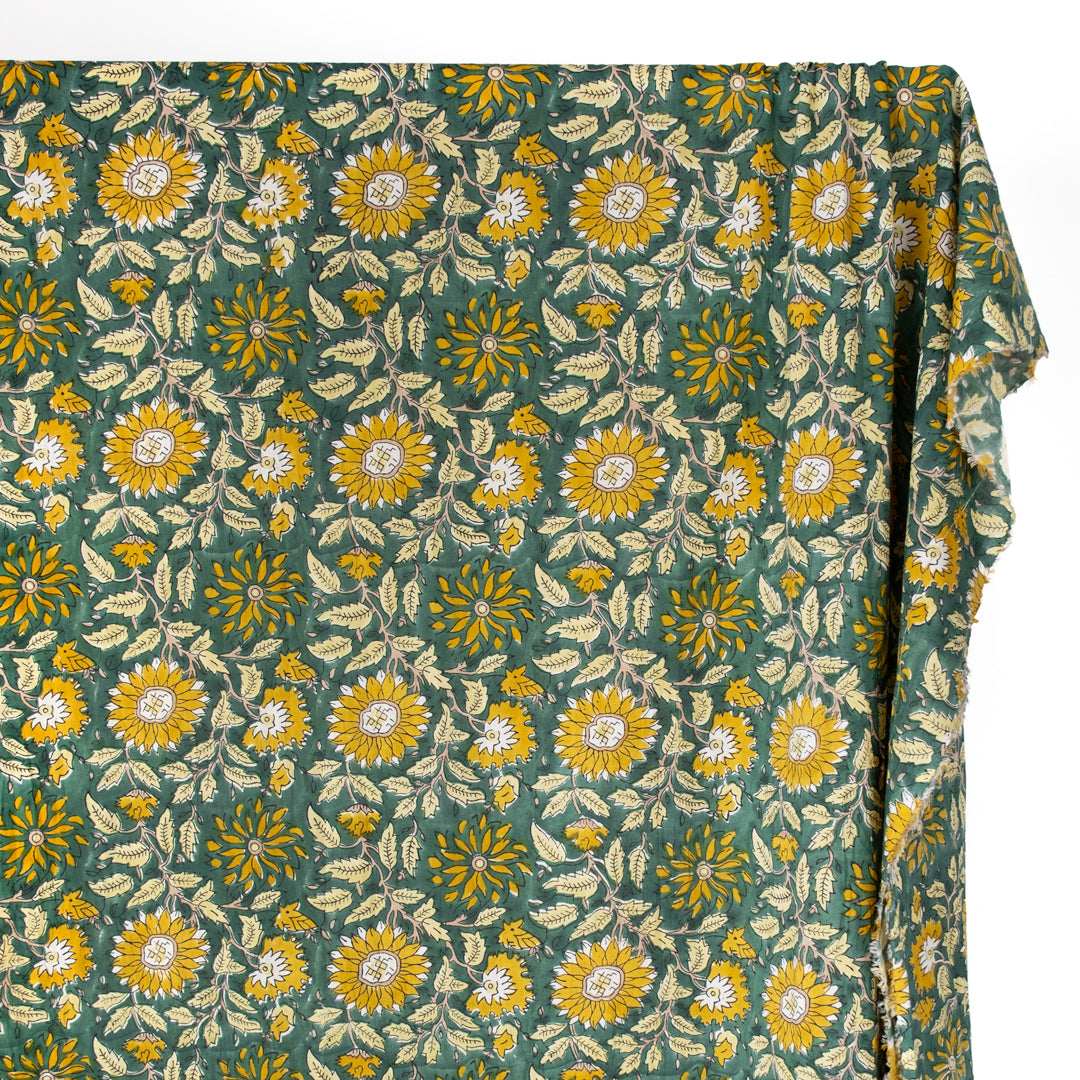 Tapestry Block Printed Organic Cotton Batiste - Spruce/Sunflower | Blackbird Fabrics