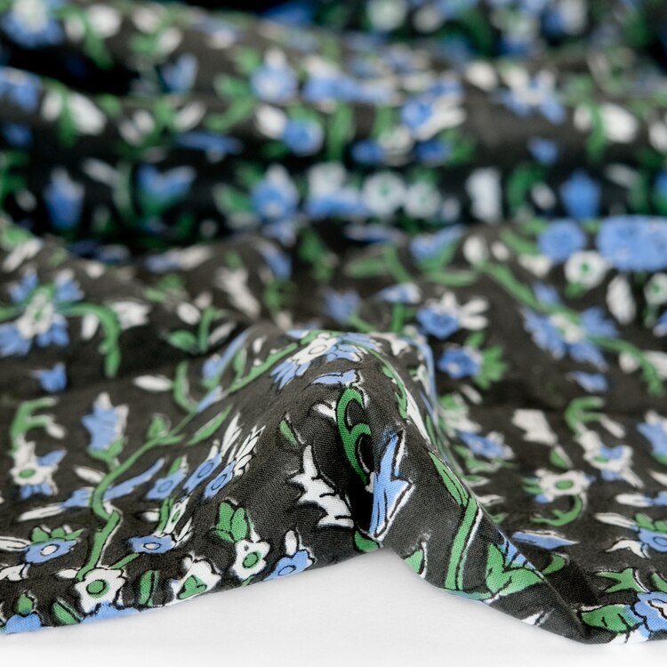 Vine Block Printed Organic Cotton Batiste - Charcoal/Ocean