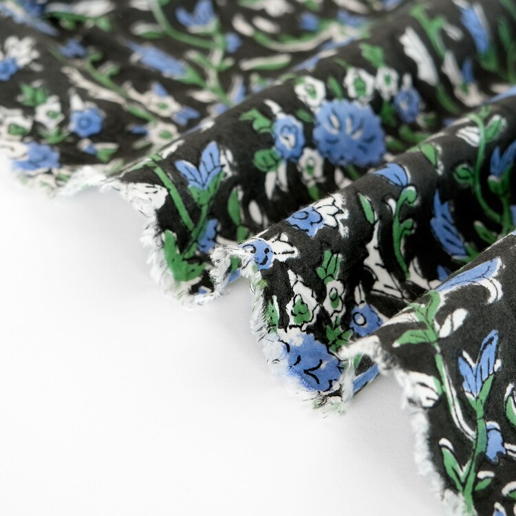 Vine Block Printed Organic Cotton Batiste - Charcoal/Ocean