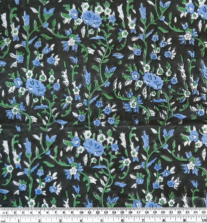 Vine Block Printed Organic Cotton Batiste - Charcoal/Ocean