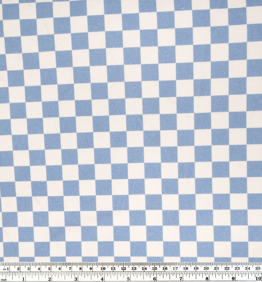 Checkerboard Printed Cotton Twill - Baby Blue/Ivory
