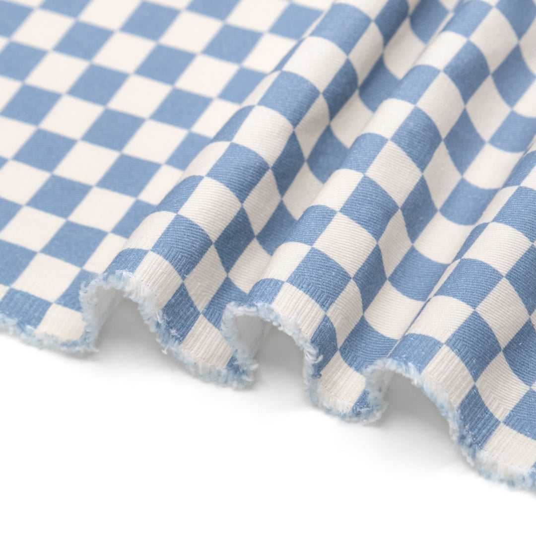 Checkerboard Printed Cotton Twill - Baby Blue/Ivory