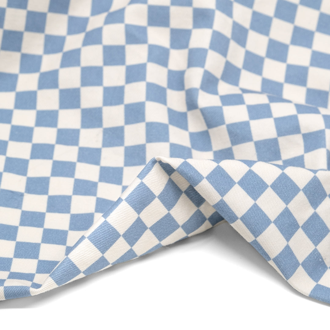 Checkerboard Printed Cotton Twill - Baby Blue/Ivory