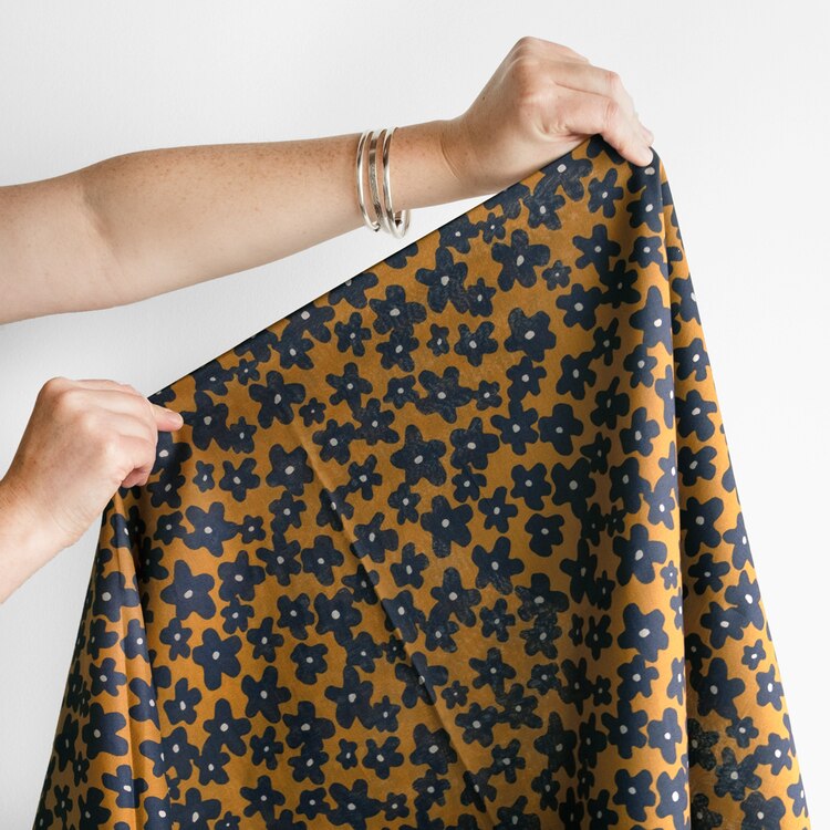 Floral Print Cotton Lawn - Navy/Ochre