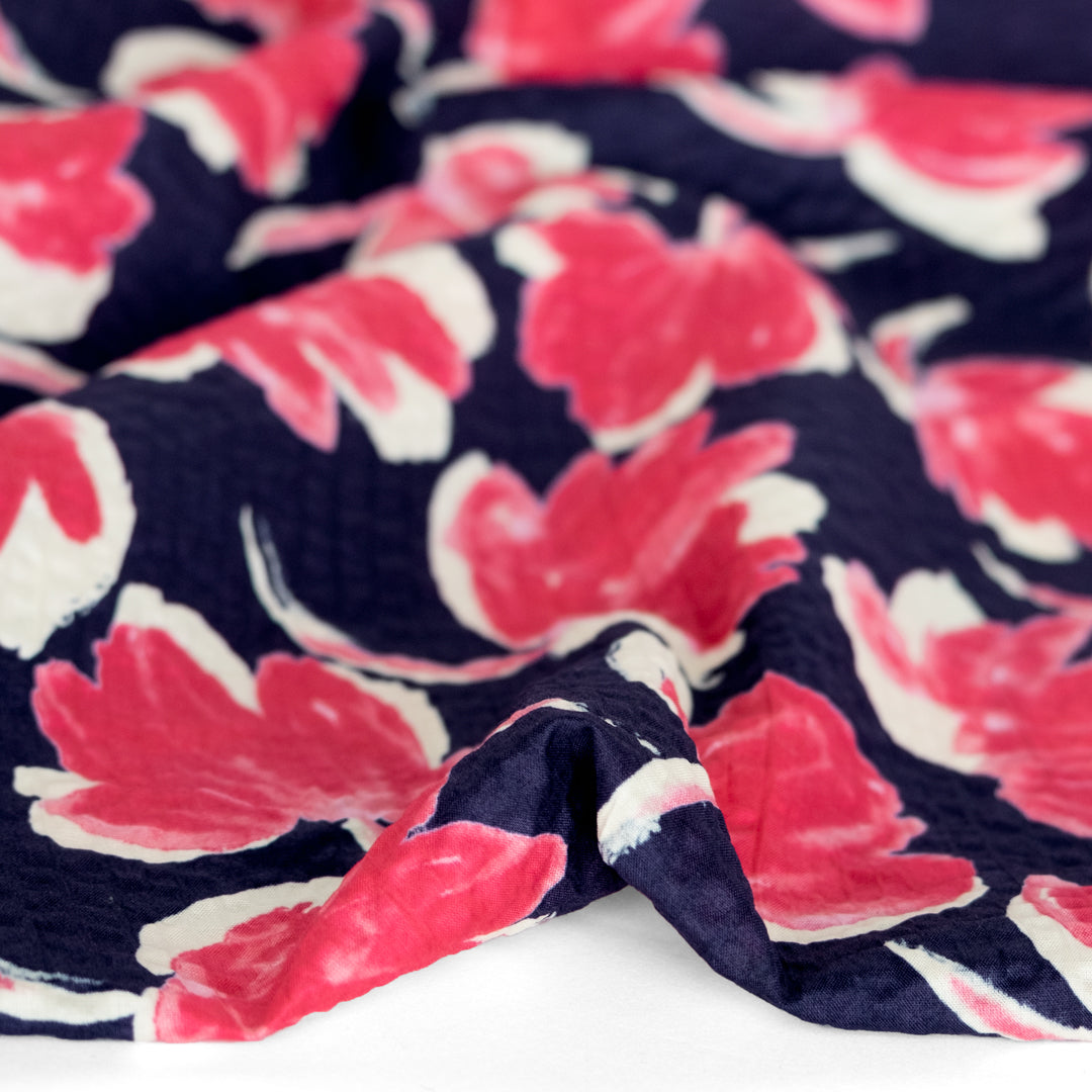 Painted Floral Japanese Crinkle Cotton - Camelia/Navy | Blackbird Fabrics