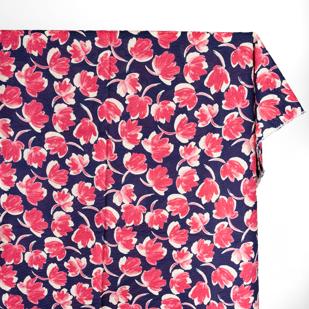 Painted Floral Japanese Crinkle Cotton - Camelia/Navy | Blackbird Fabrics