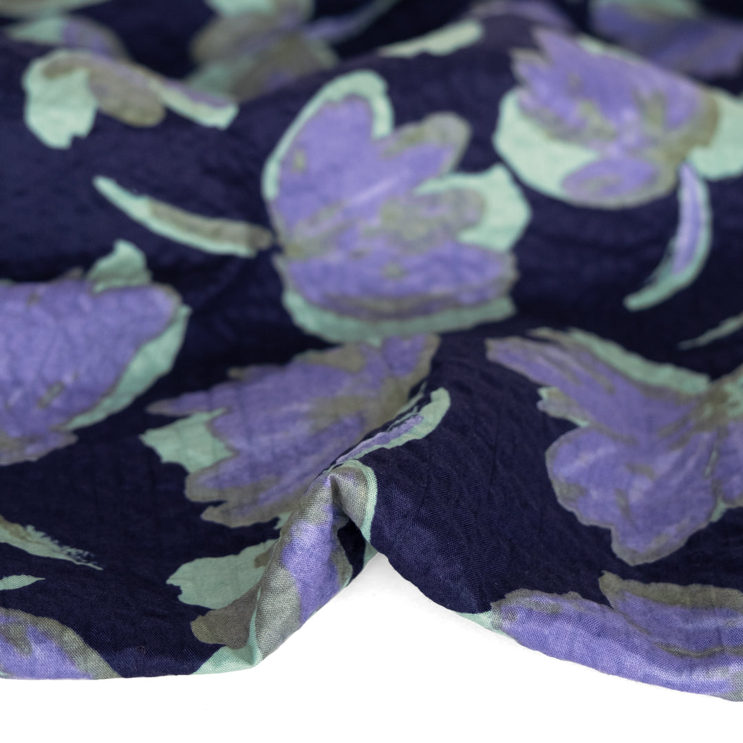 Painted Floral Japanese Crinkle Cotton - Dusty Teal/Navy | Blackbird Fabrics