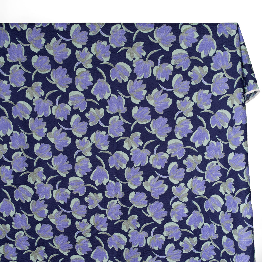 Painted Floral Japanese Crinkle Cotton - Dusty Teal/Navy | Blackbird Fabrics