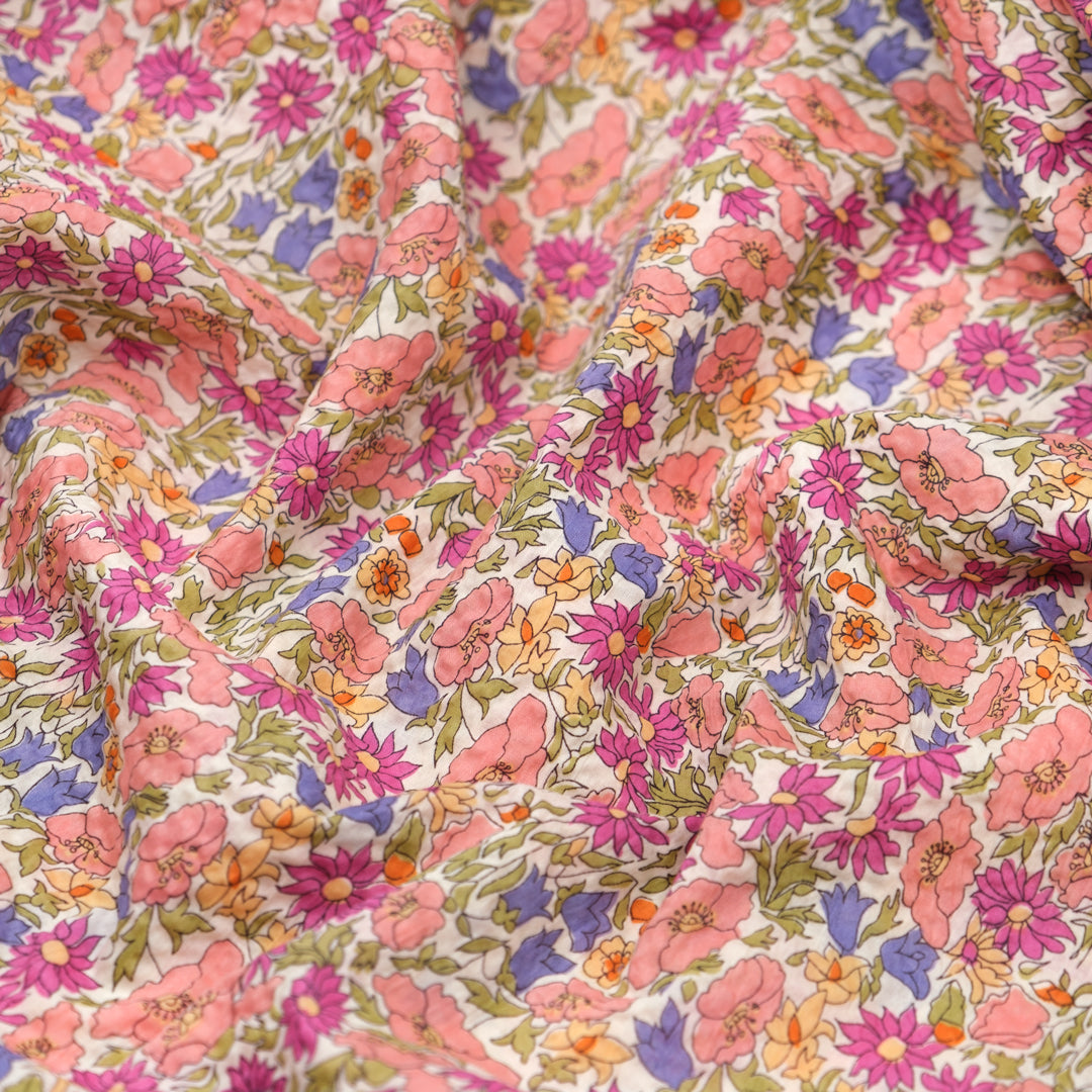 Secret Garden Crinkle Cotton - Ivory/Coral | Blackbird Fabrics