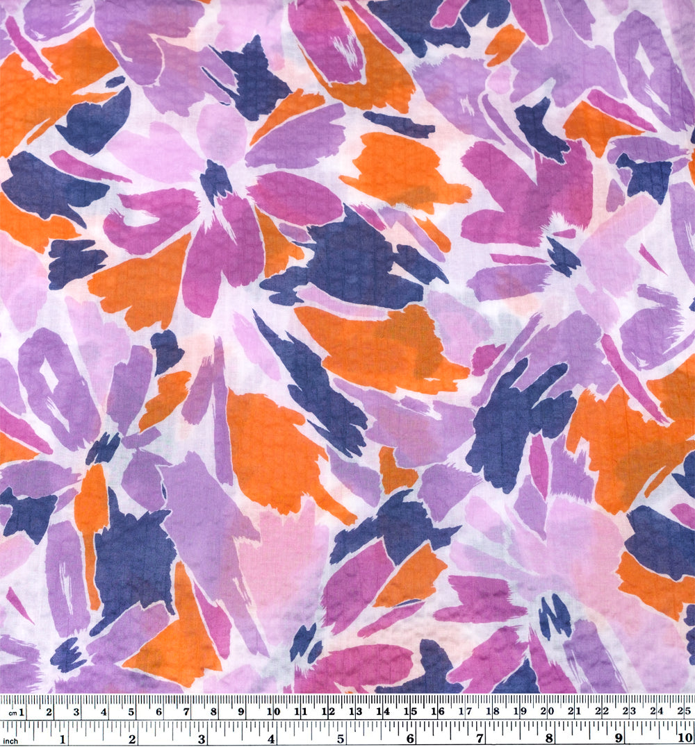 Sunburst Floral Crinkle Cotton - Wisteria/Orange/Navy | Blackbird Fabrics