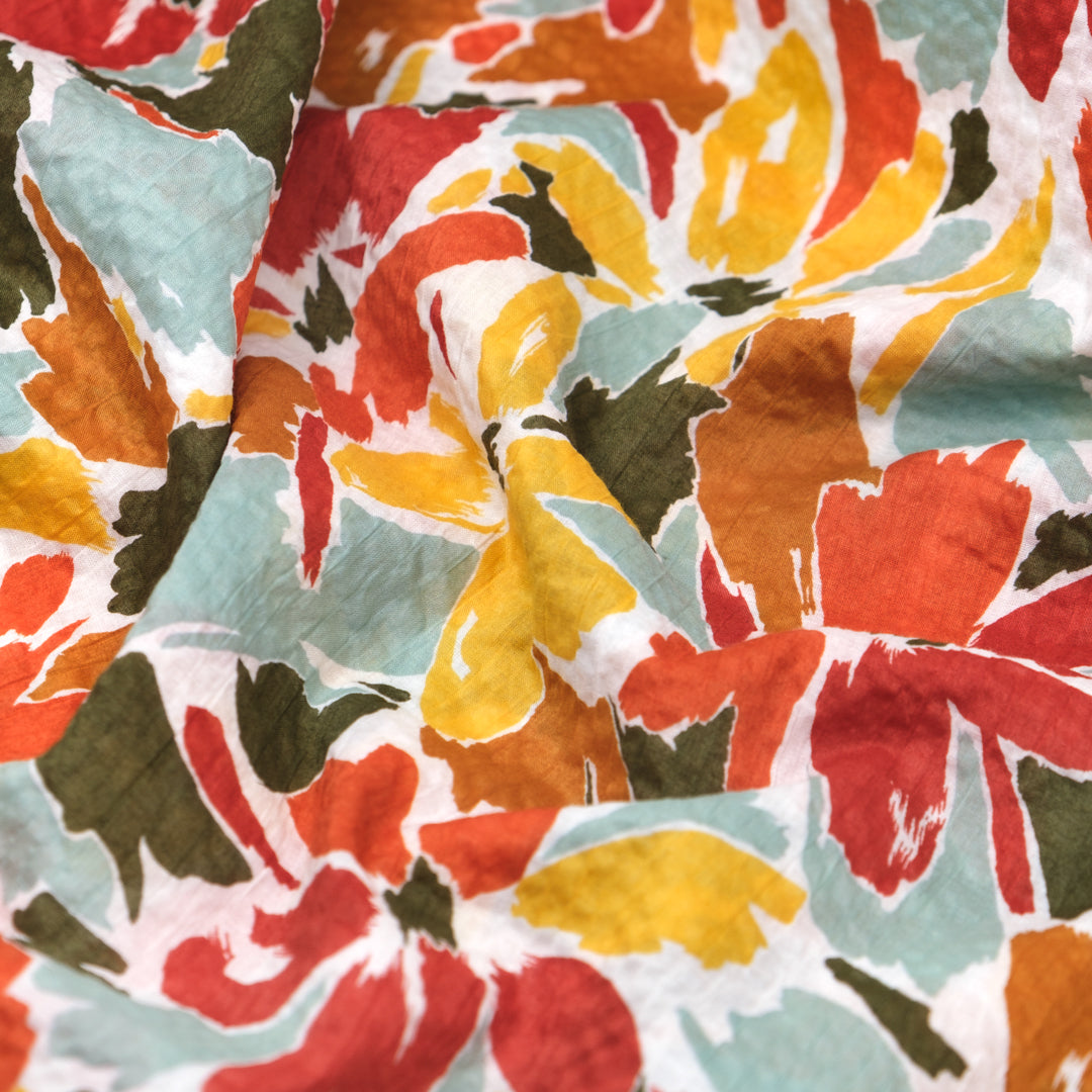 Sunburst Floral Crinkle Cotton - Crimson/Yellow/Teak | Blackbird Fabrics