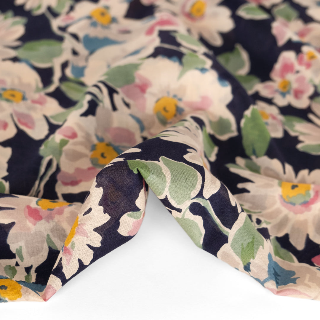 Watercolour Floral Print Cotton Voile - Navy/Sage | Blackbird Fabrics