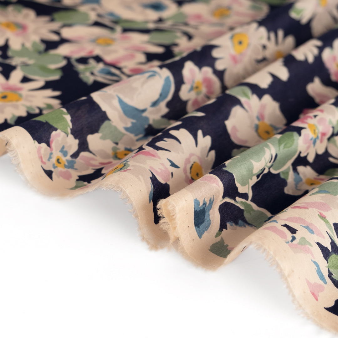 Watercolour Floral Print Cotton Voile - Navy/Sage | Blackbird Fabrics