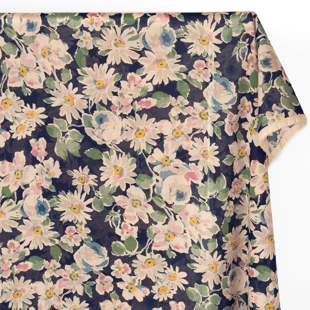 Watercolour Floral Print Cotton Voile - Navy/Sage | Blackbird Fabrics