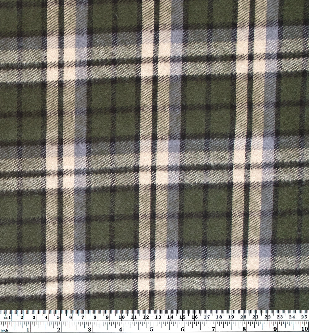 Midweight Plaid Cotton Flannel Twill - Green/Ivory/Grey
