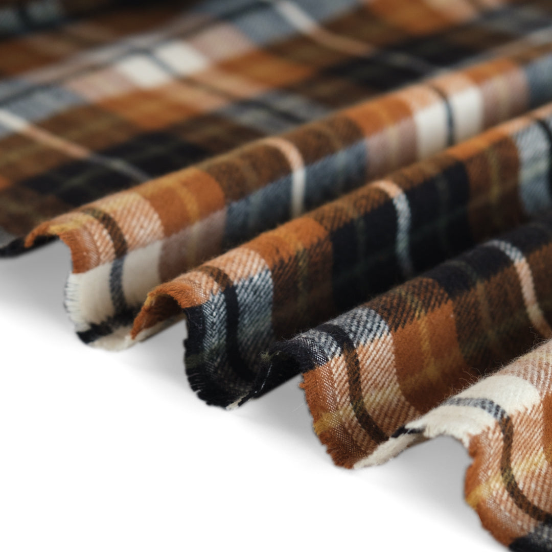 Midweight Plaid Cotton Flannel Twill - Teak/Black/Ivory