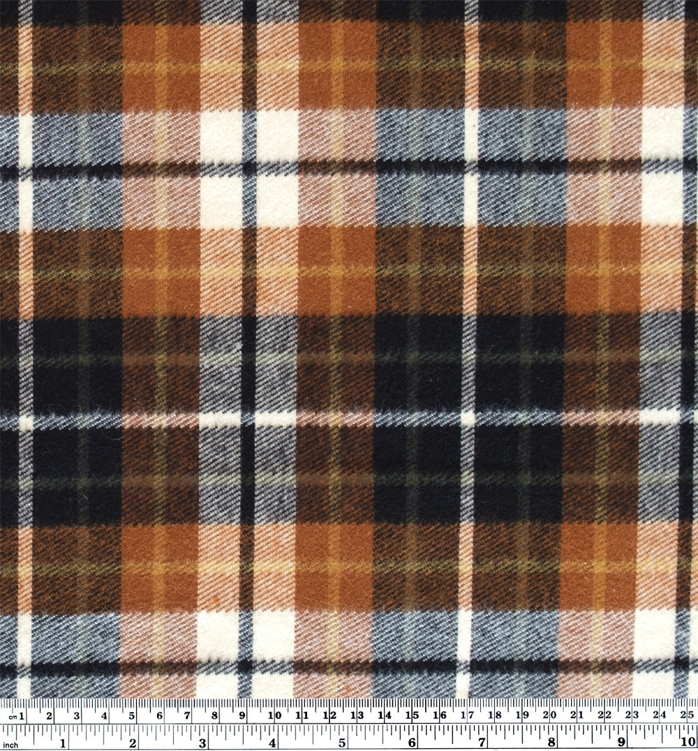 Midweight Plaid Cotton Flannel Twill - Teak/Black/Ivory
