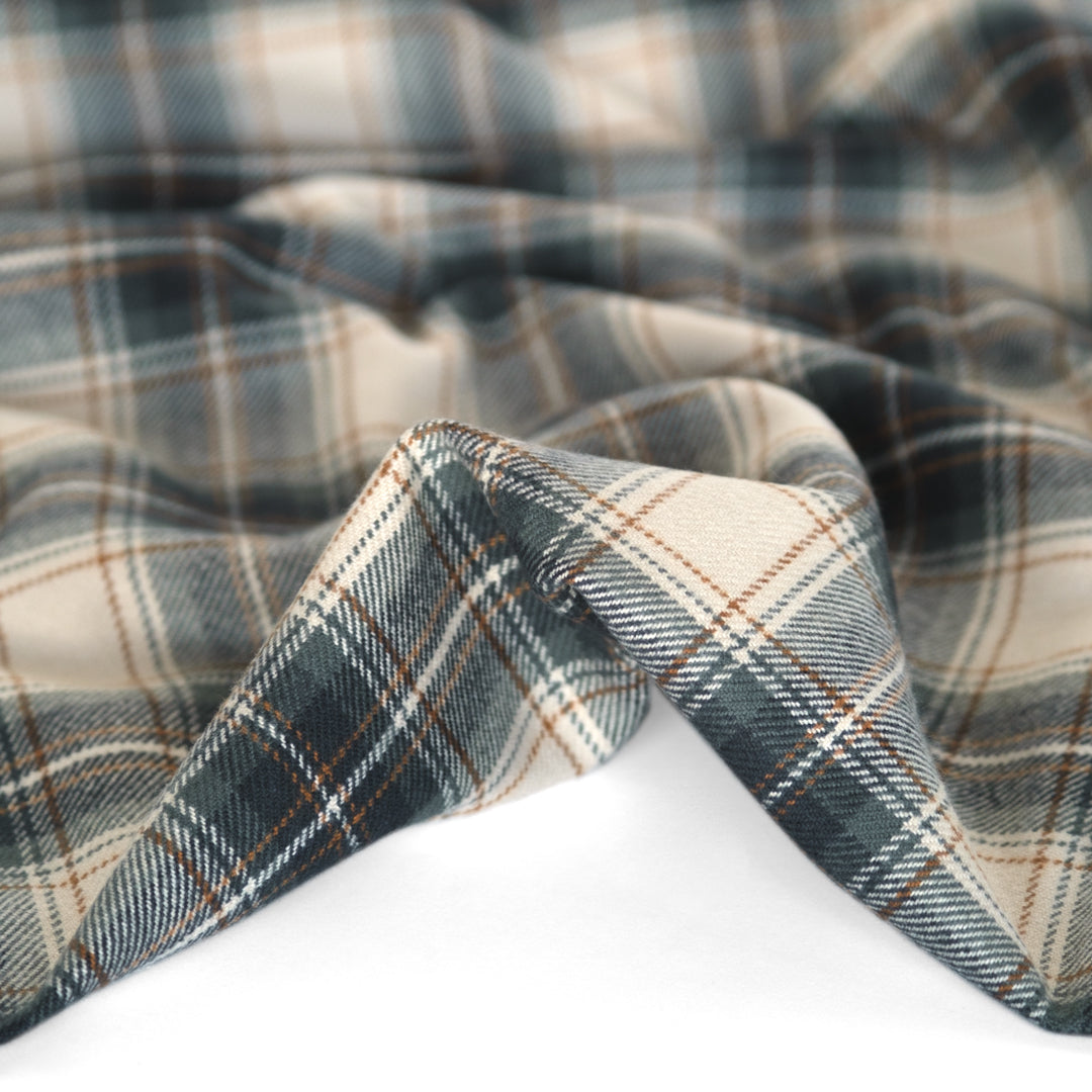 Midweight Plaid Cotton Flannel Twill- Ivory/Sage