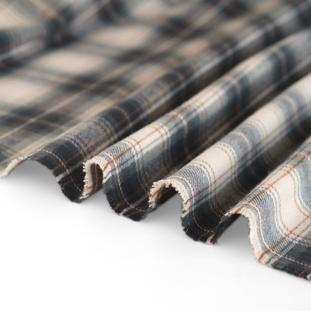 Midweight Plaid Cotton Flannel Twill- Ivory/Sage
