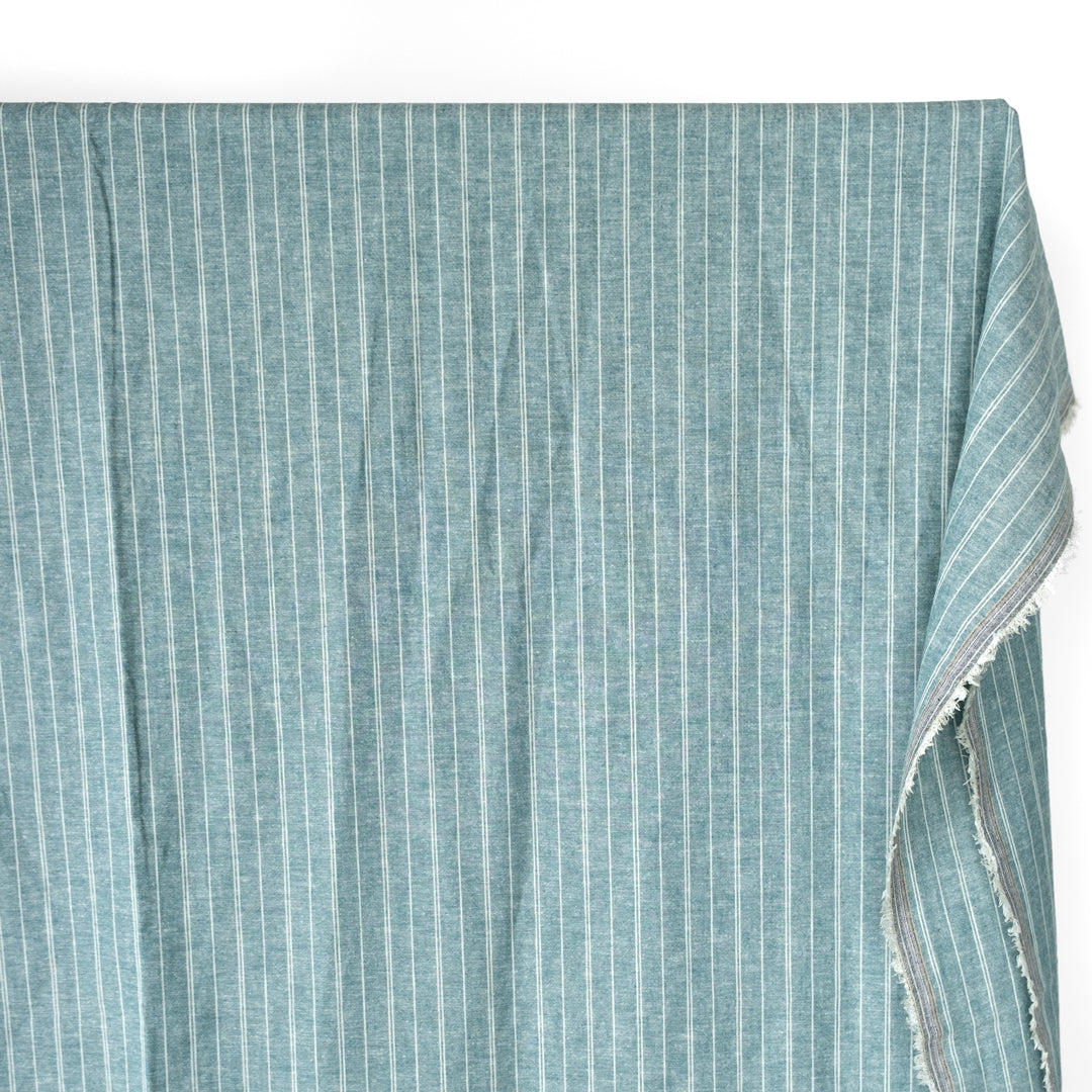 Striped Hemp & Organic Cotton Chambray - Teal/Ivory