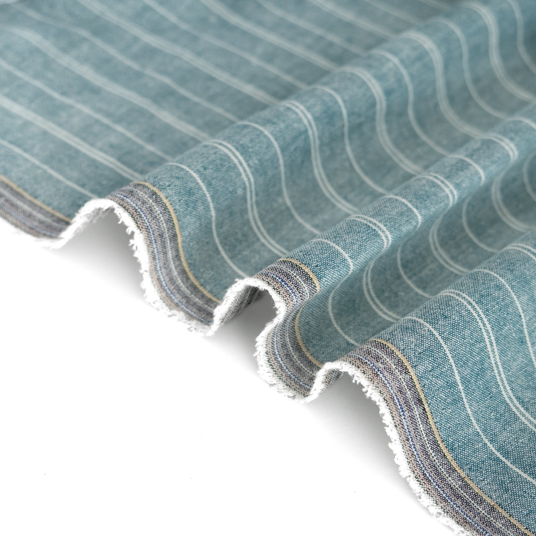 Striped Hemp & Organic Cotton Chambray - Teal/Ivory